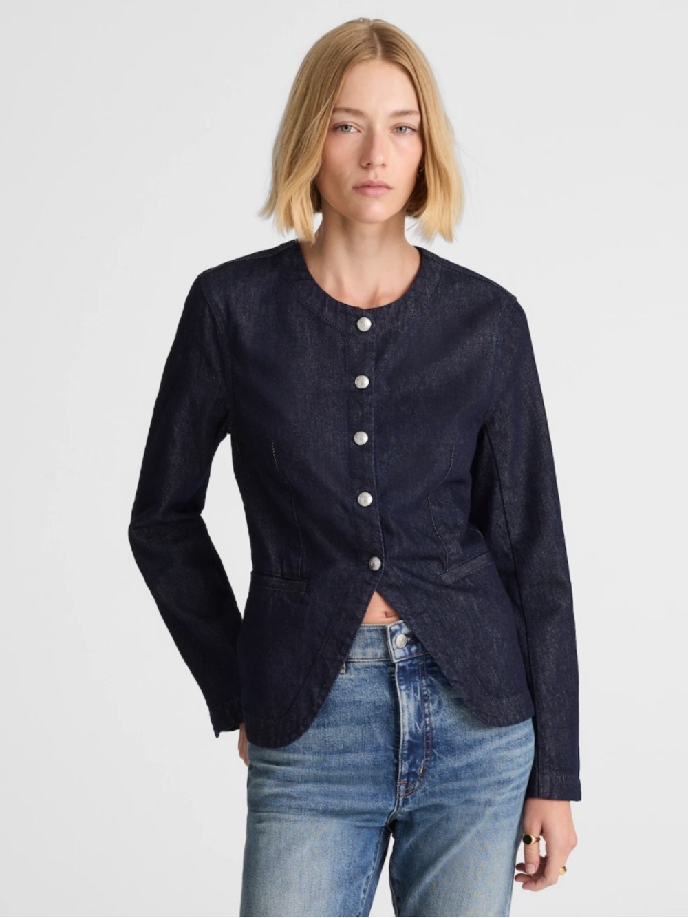 NWT Madewell Denim Collarless Jacket in Rinse Wash 14 L blazer